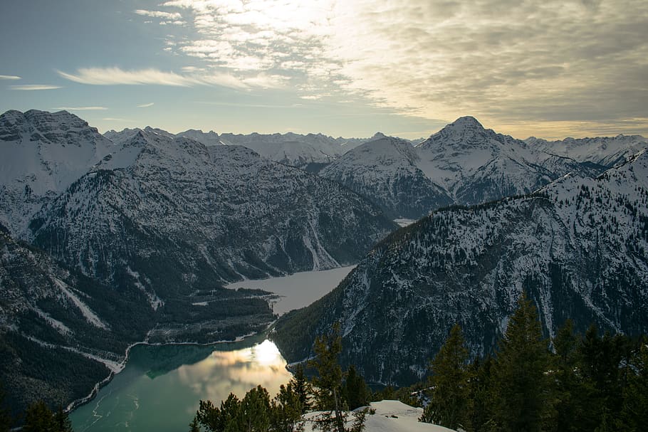 Snowcap Mountains during Sunset, altitude, clouds, cold, daylight HD wallpaper