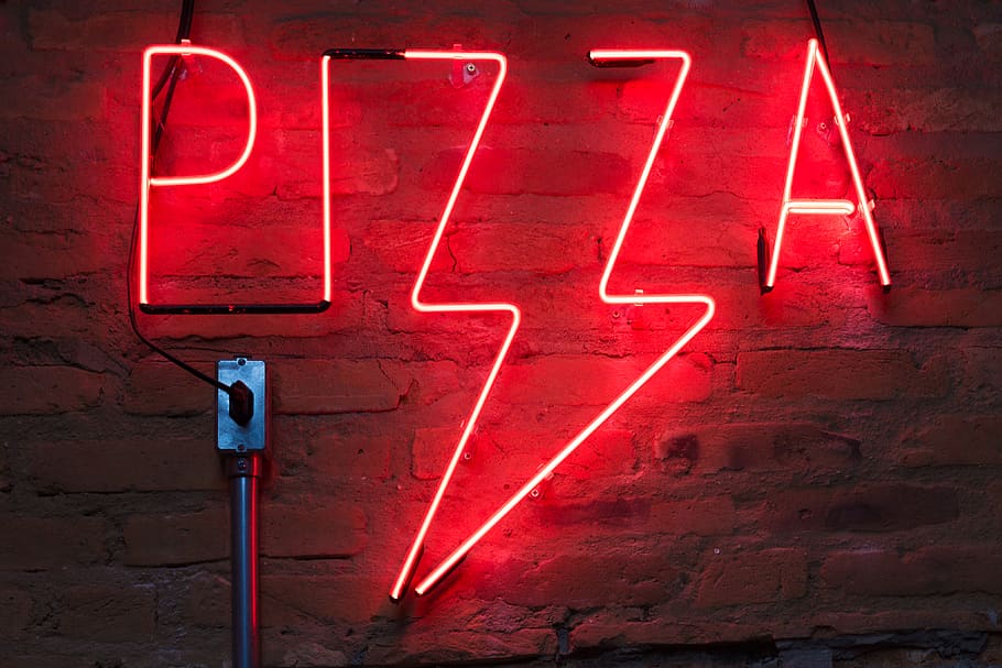 Pizza Neon Light Signage, brick wall, close-up, dark, design
