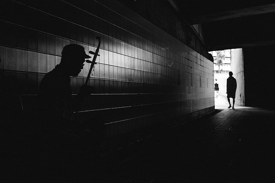 singapore, alone, man, tunnel, black, white, light, walk, musician