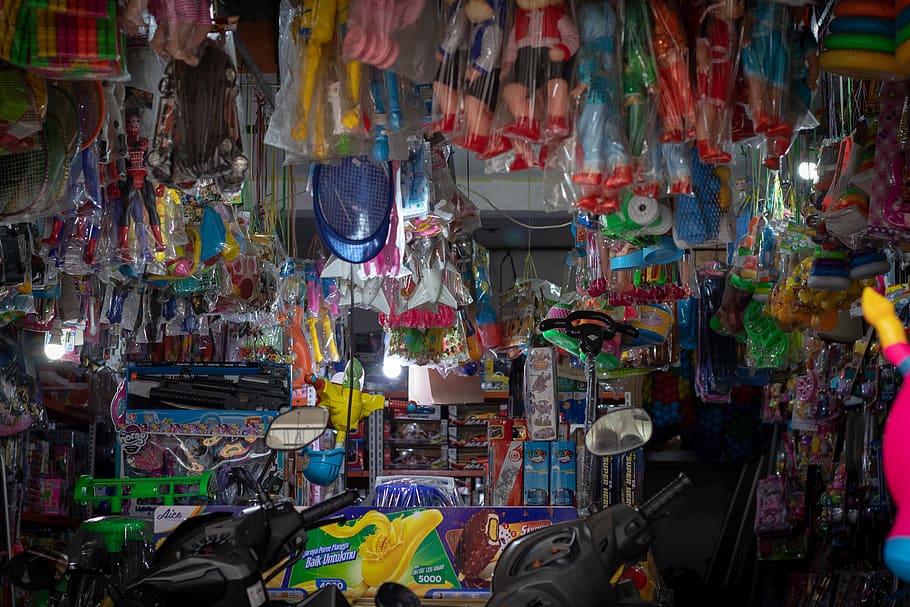 assorted products displayed on store, surabaya, jl girilaya, indonesia HD wallpaper