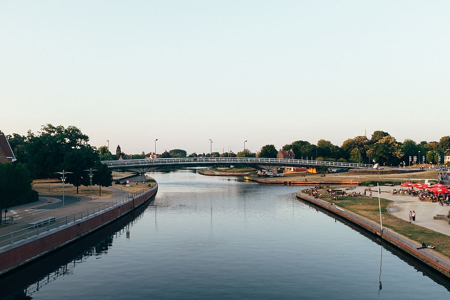 gray concrete bricge, water, outdoors, ditch, canal, person, human HD wallpaper