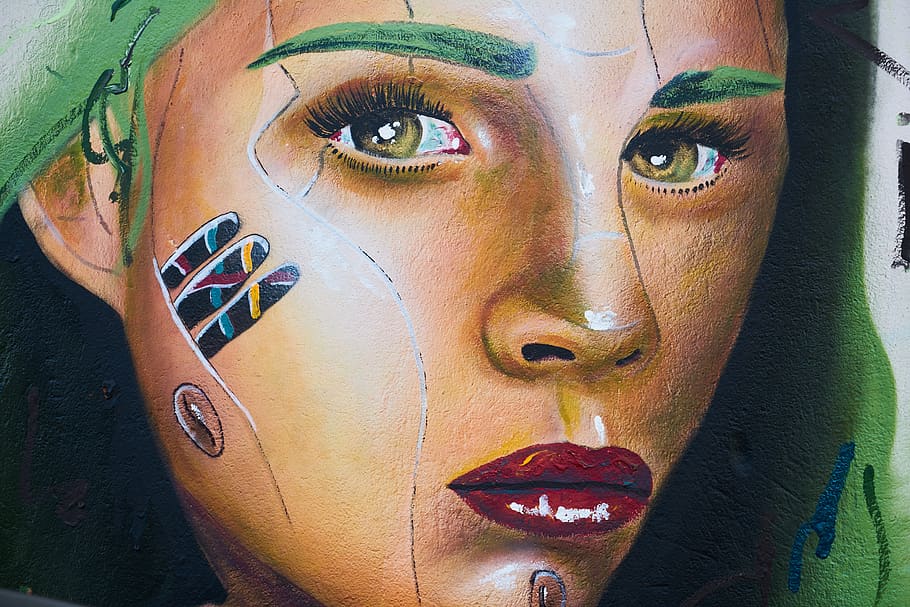 graffiti, paint, drawing, wall, woman, portrait, art, street HD wallpaper