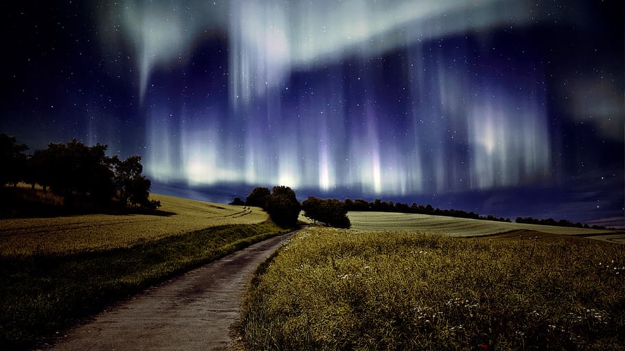 Photography of Northern Lights over Grass Field, backlit, city HD wallpaper