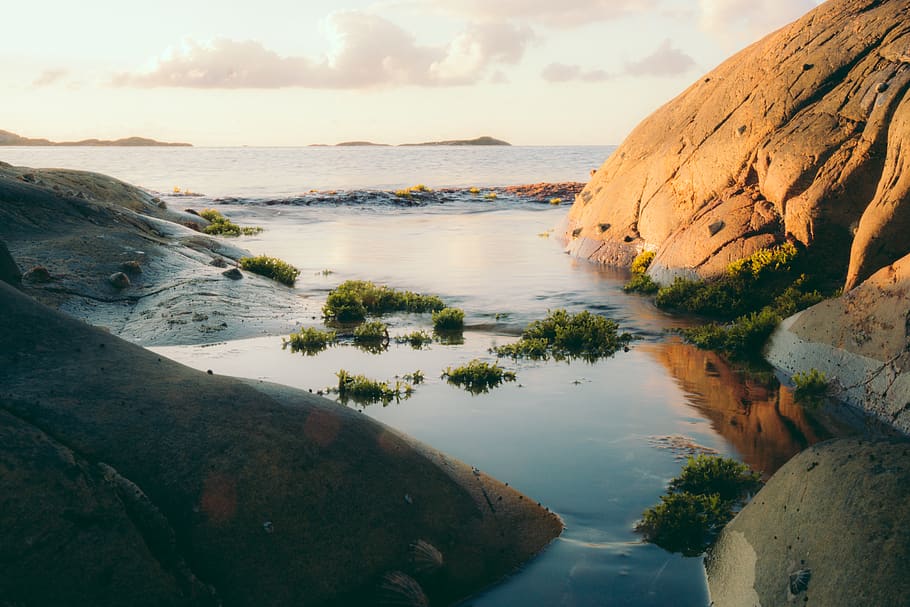 Body of Water and Brown Mountain, beach, clouds, dawn, daylight HD wallpaper