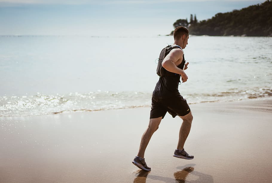 Man Wearing Black Tank Top and Running on Seashore, beach, enjoyment HD wallpaper