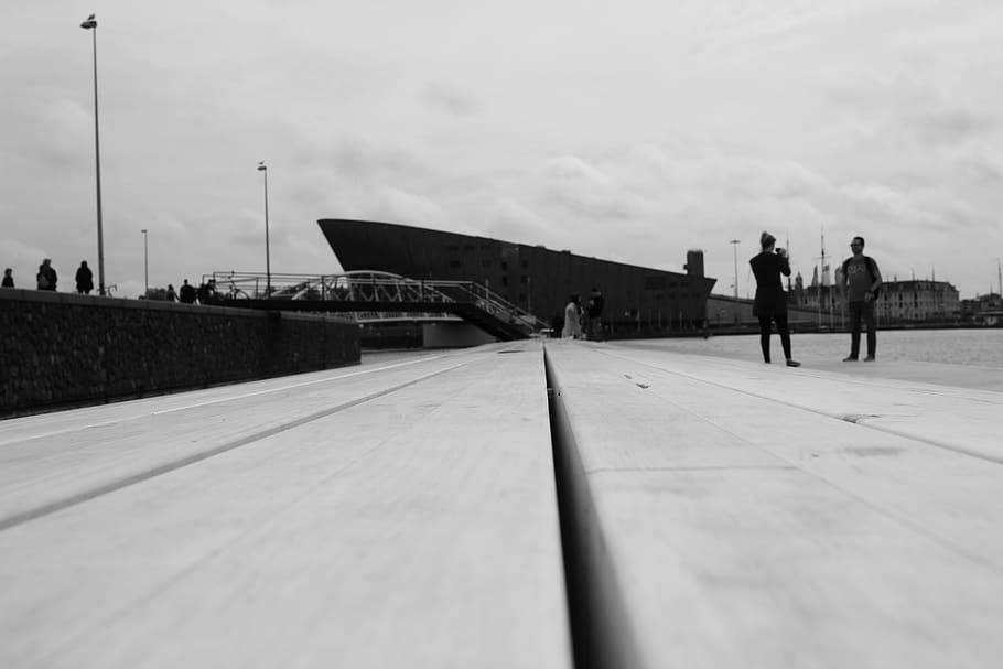 netherlands, amsterdam, people, bench, sky, bw, architecture HD wallpaper