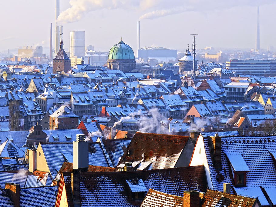 morning, winter, nuremberg, cold, snow, roof, roofs, castle hill HD wallpaper