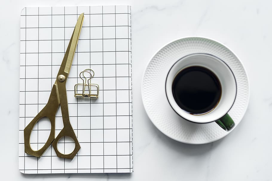 Cup of Coffee Beside Book and Scissors, background, black coffee HD wallpaper