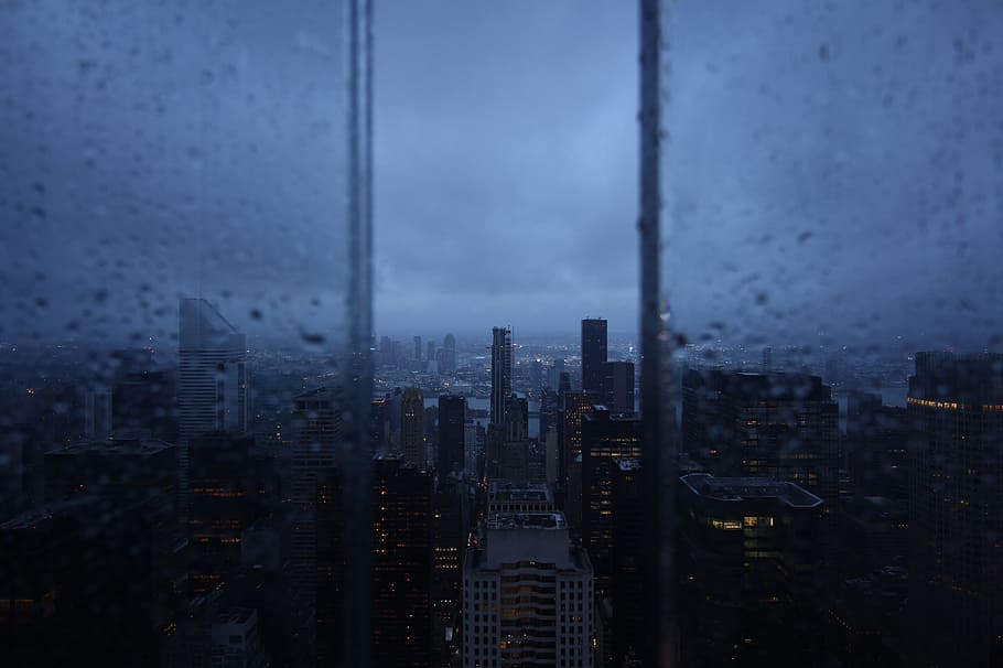 aerial photo of city, window, wet, open window, glass, rain, weather HD wallpaper