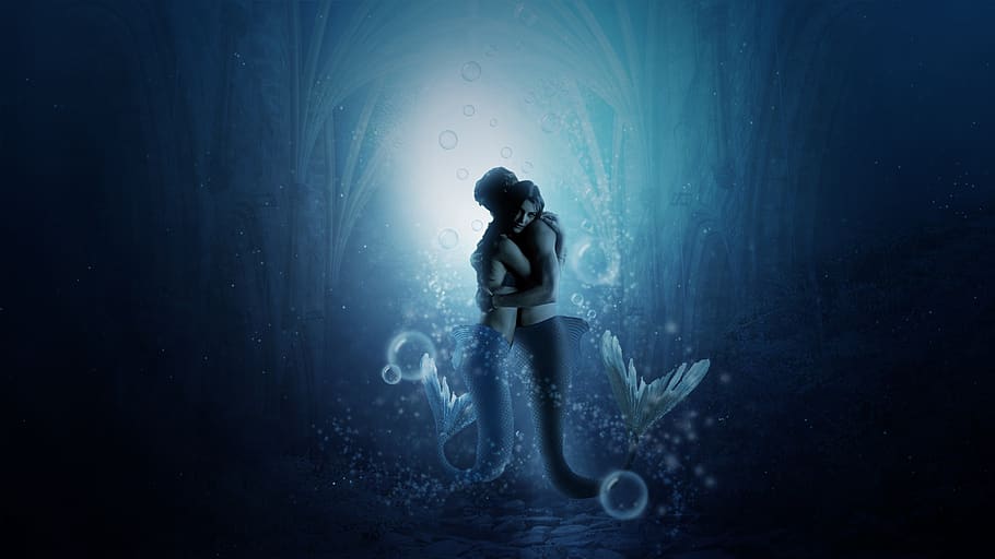 mermaid, underwater, sea, couple, embrace, fantasy, bubbles