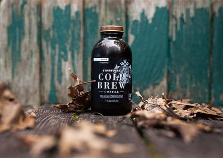 black and white Cold Brew coffee bottle, starbucks, table, wooden HD wallpaper
