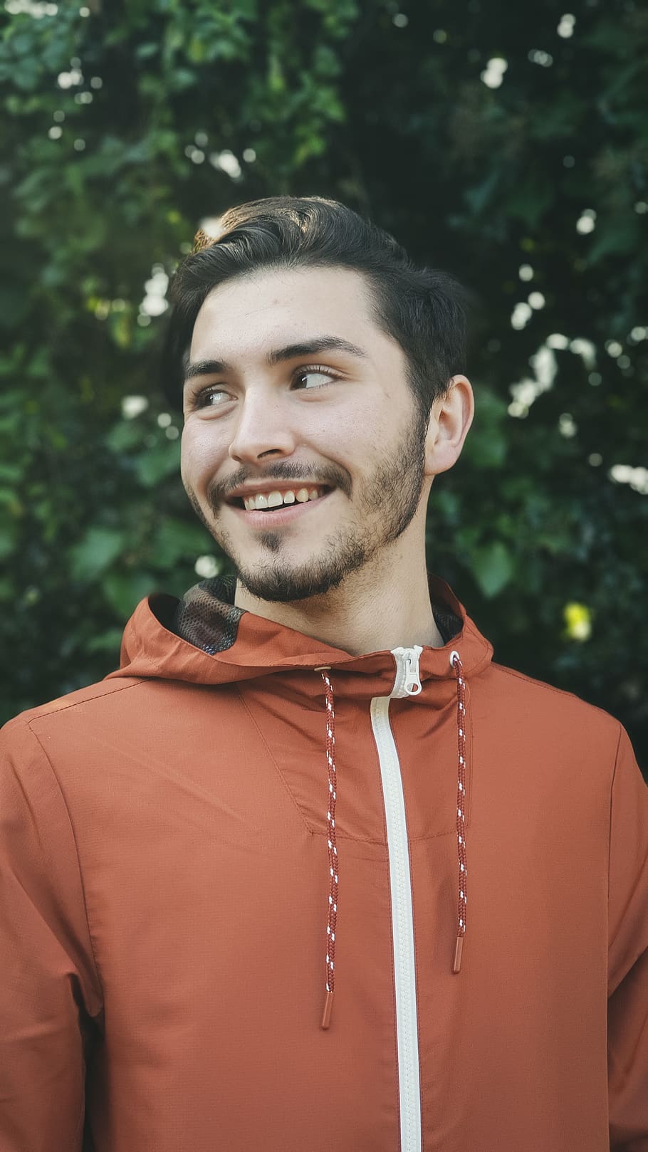 man in red hoodie smiling, person, human, face, minimalism, outfit