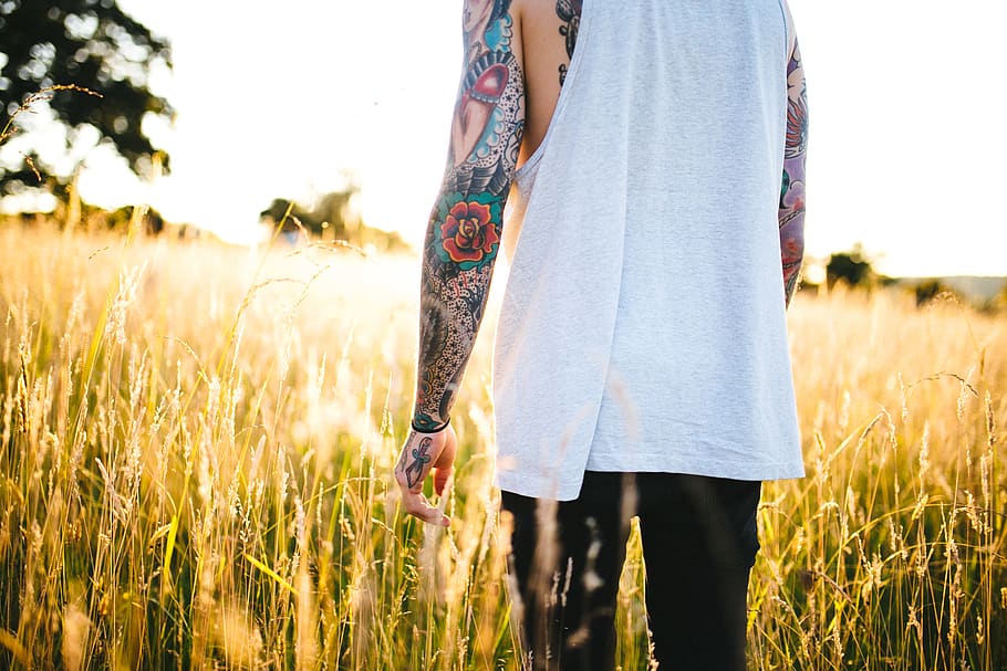 people, man, alone, art, tattoo, outside, field, grass, farm HD wallpaper