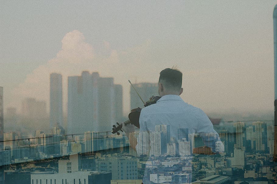 man holding violin, nature, person, human, smoke, fog, grey, smog HD wallpaper