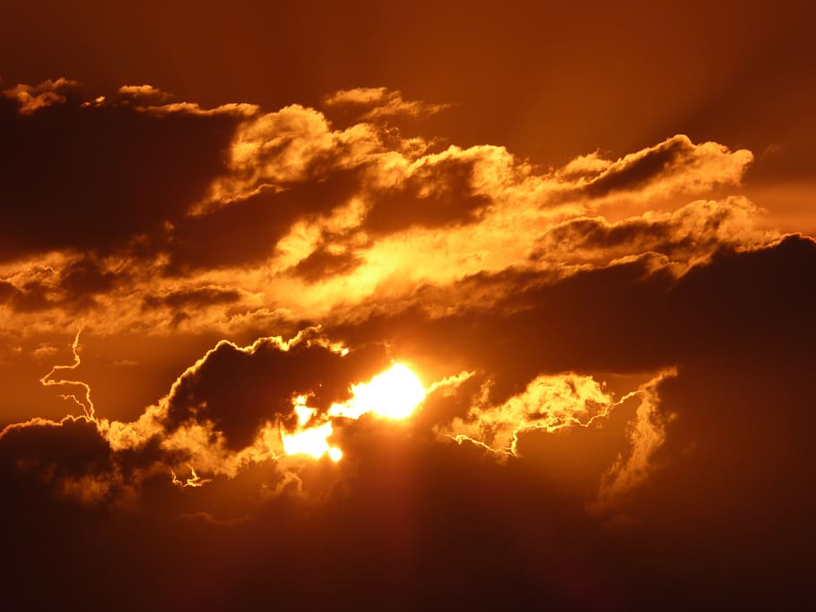 sunset, evening, red, cloud, mood, sky, twilight, imposing HD wallpaper