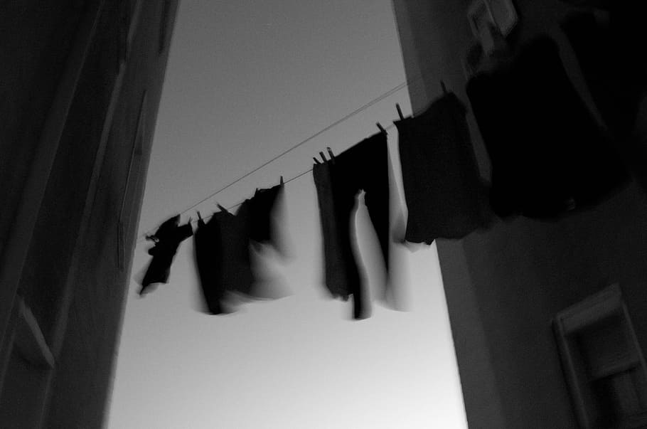 grayscale clothes hanging on cable, line, motion, blur, black and white HD wallpaper