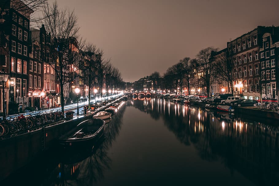 city scape during nighttime, water, outdoors, canal, netherlands HD wallpaper