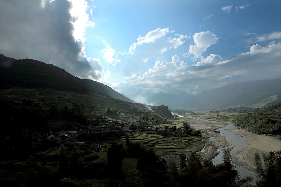 Rice Terraces Under White Clouds and Blue Sky, dark, dawn, daylight HD wallpaper