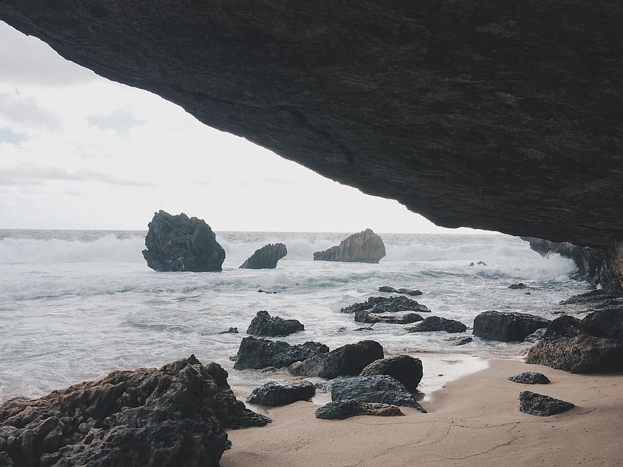 beach, rock, surf, wave, sea, ocean, view, rock - object, solid HD wallpaper