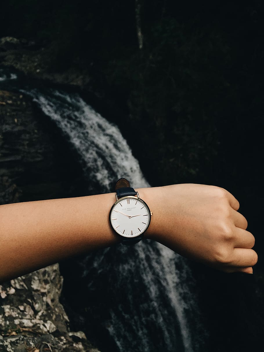 waterfall, forest, watch, minimalism, human hand, human body part HD wallpaper