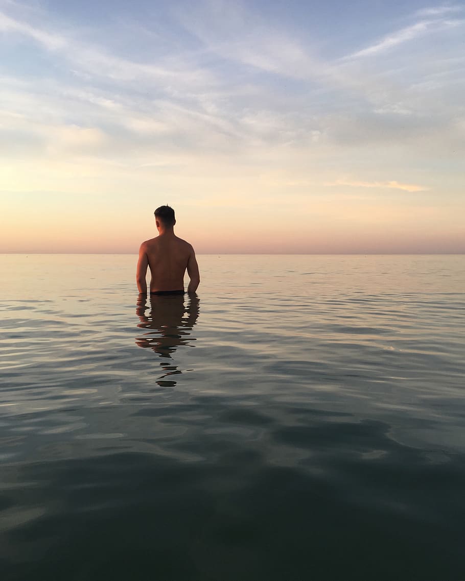Man in Water, beach, clouds, dawn, daylight, evening, horizon HD wallpaper