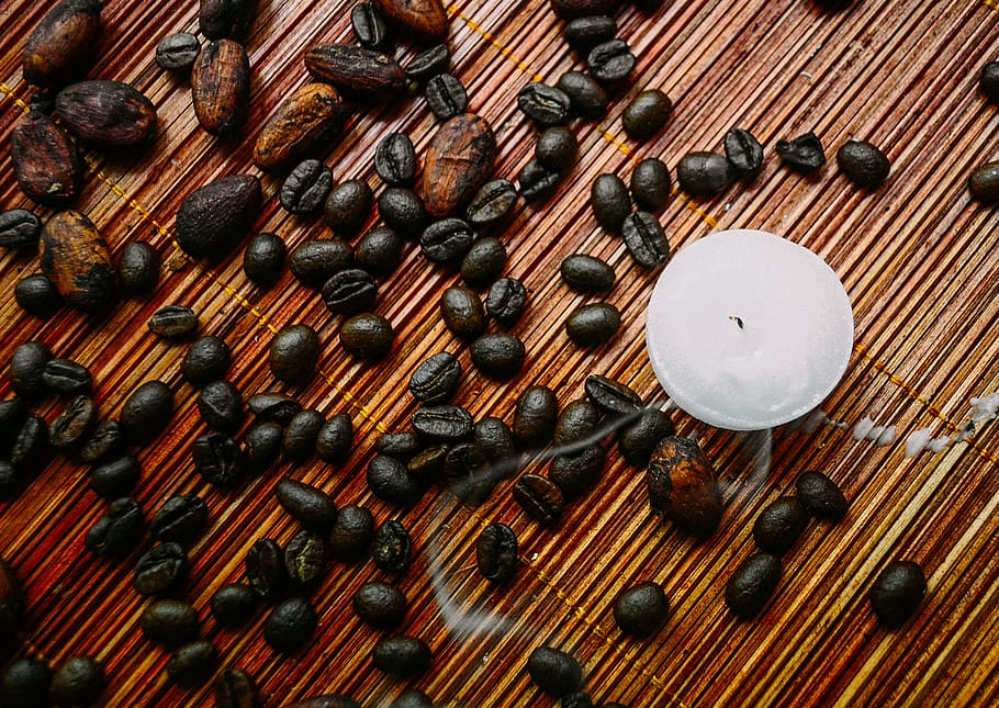 coffee bean, candle, wood - material, table, indoors, no people HD wallpaper
