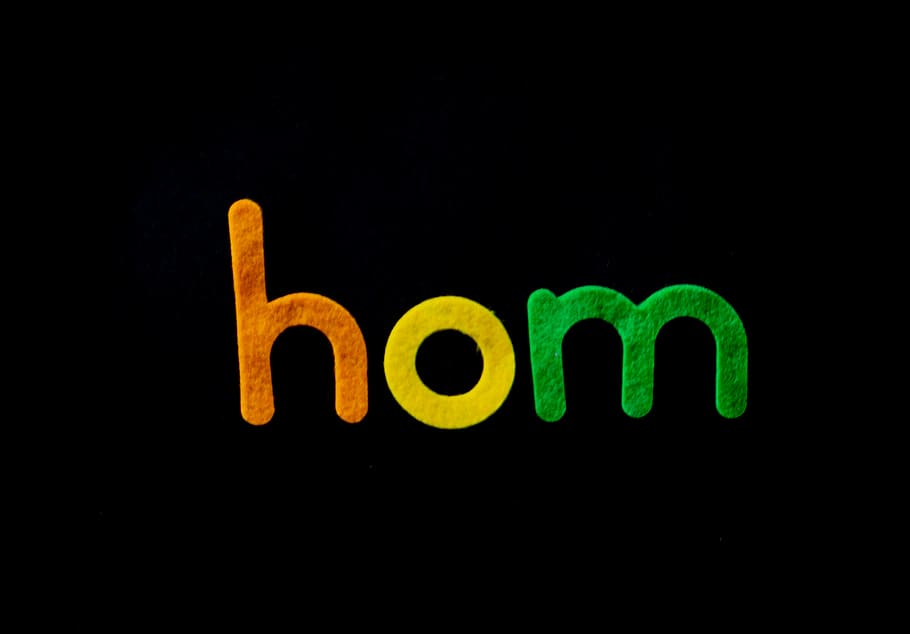 Hom Text, alphabets, black background, bright, close-up, colorful HD wallpaper
