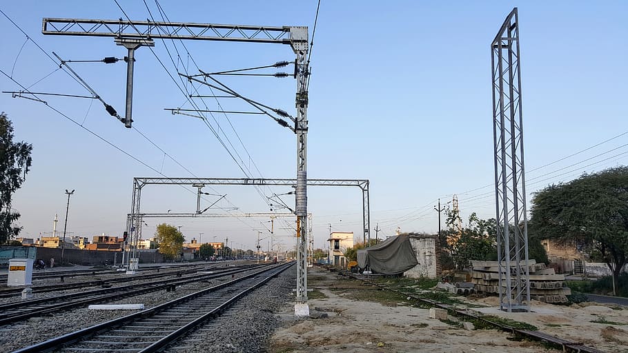 railway, train track, transportation, tent, utility pole, patiala, HD wallpaper