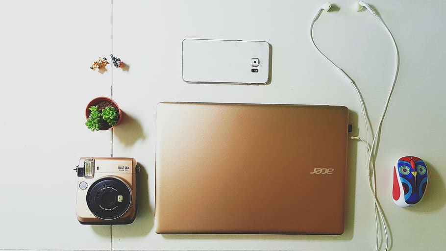 ikea, vsco, acer, mac, pc, desktop, table, wood, white, champagne, HD wallpaper