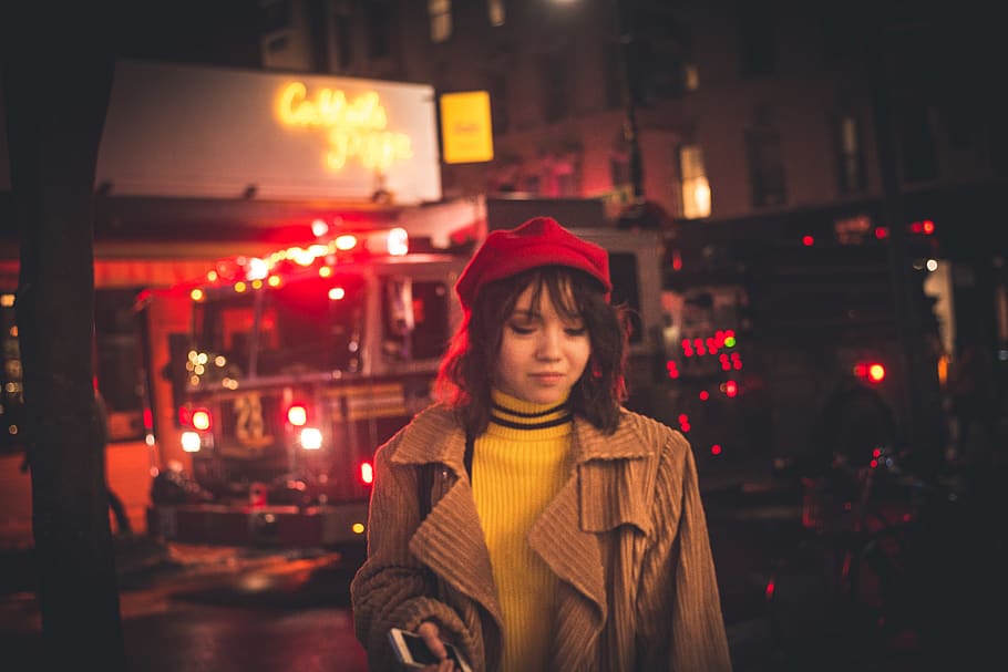 apparel, clothing, person, human, hat, fire truck, cap, transportation, HD wallpaper