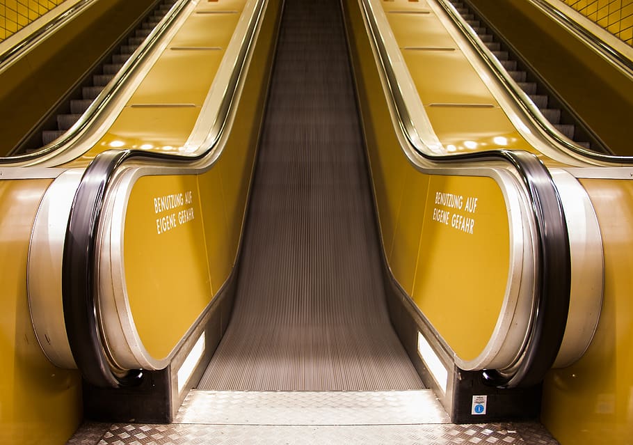 Photo of Escalator, chrome, empty, modern, movement, perspective HD wallpaper