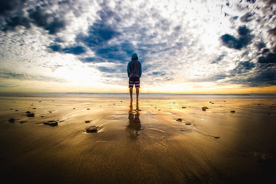 Person Standing on Sand, beach, beautiful, clouds, dark, dawn