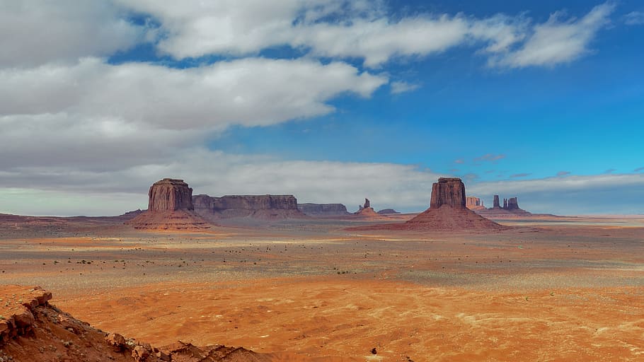 monument, valley, landscape, view, horizon, blue, sky, clouds HD wallpaper