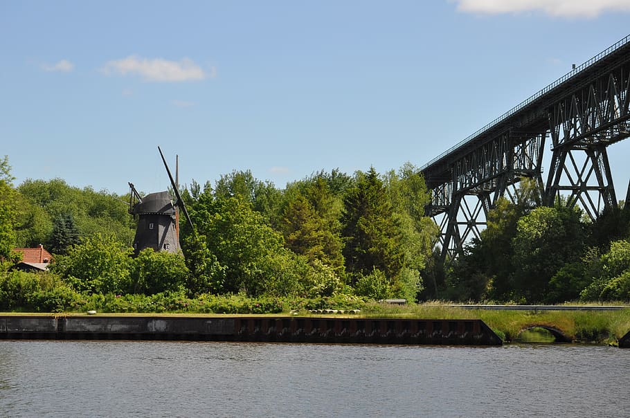 canal, bridge, windmill, tree, sky, plant, architecture, built structure HD wallpaper