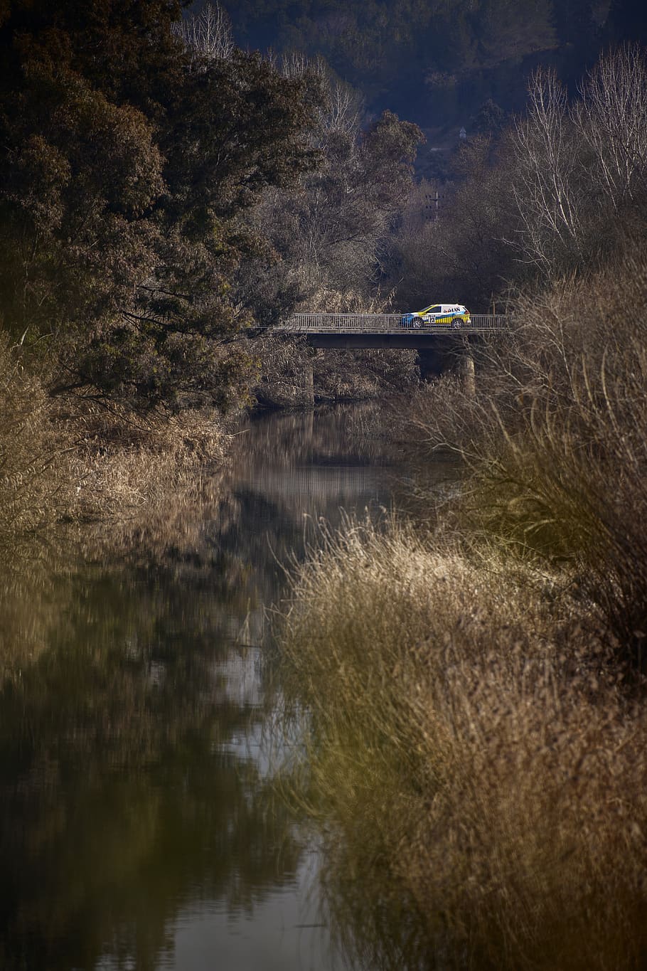 white car, outdoors, land, nature, water, transportation, train track HD wallpaper