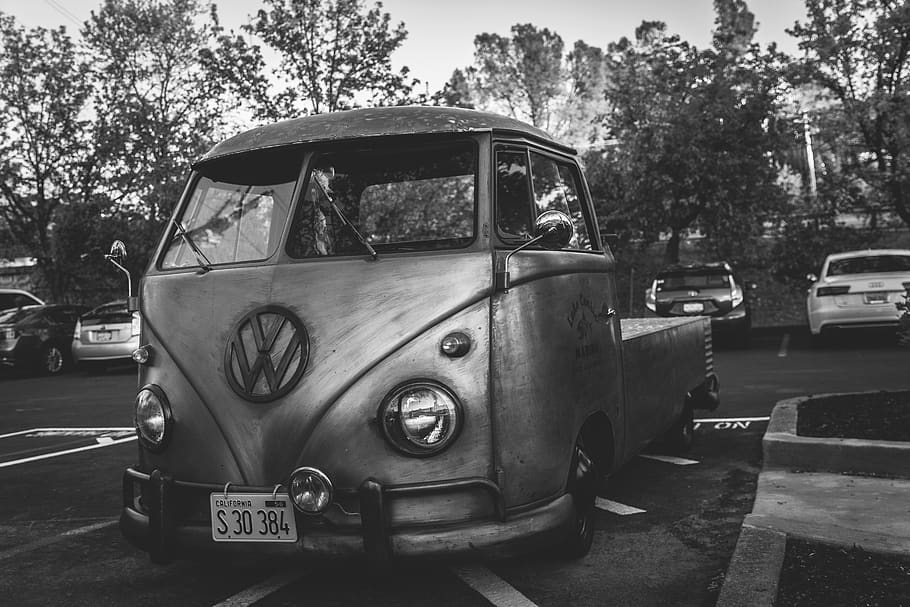 grey scale photography of Volkswagen T2, mode of transportation, HD wallpaper