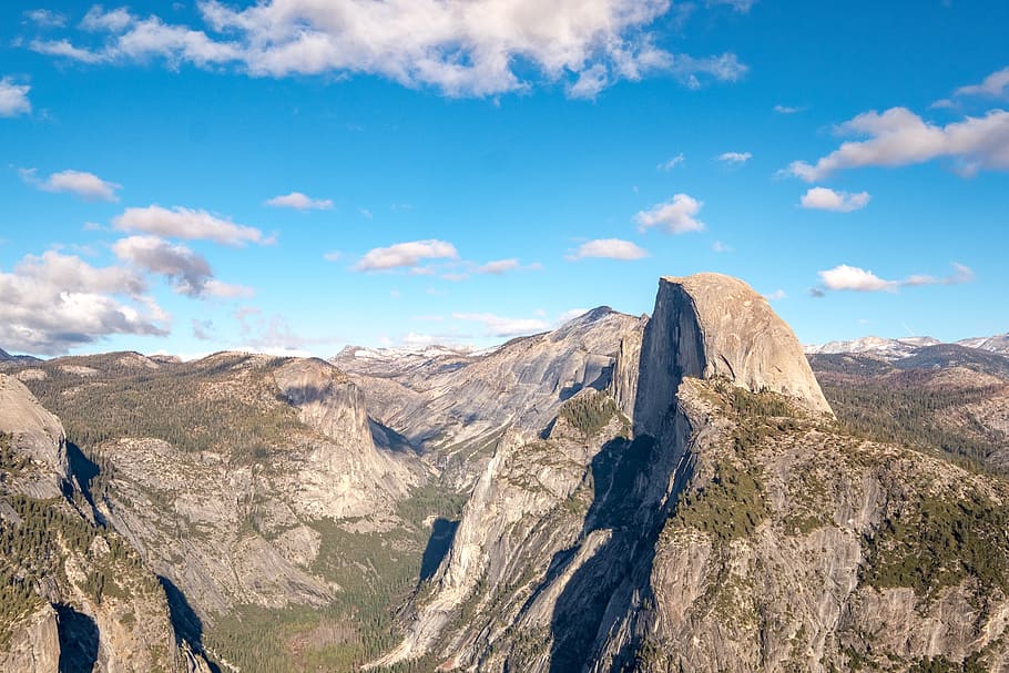 yosemite, trees, lakes, mountains, half dome, sierras, climbing HD wallpaper