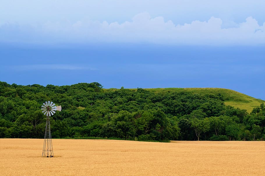 storm, clouds, kansas, windmill, wheat, field, horizon, farm HD wallpaper