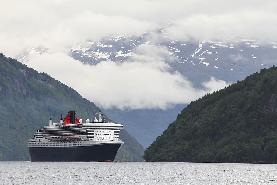 norway, nordfjord, sea, mountain, clouds, queen mary 2, ship