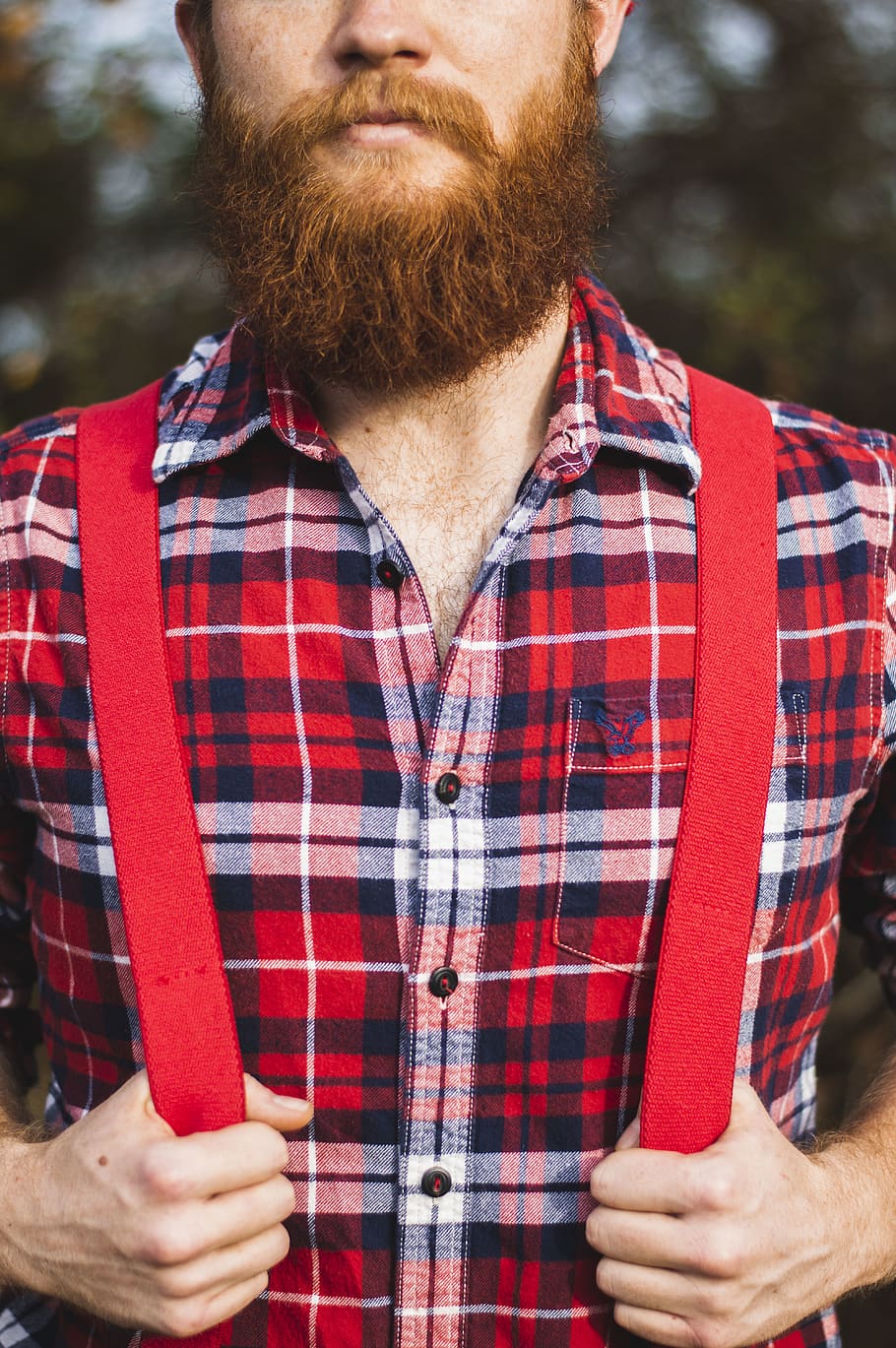 man in red, blue, and white plaid dress shirt with red suspender during daytime, HD wallpaper