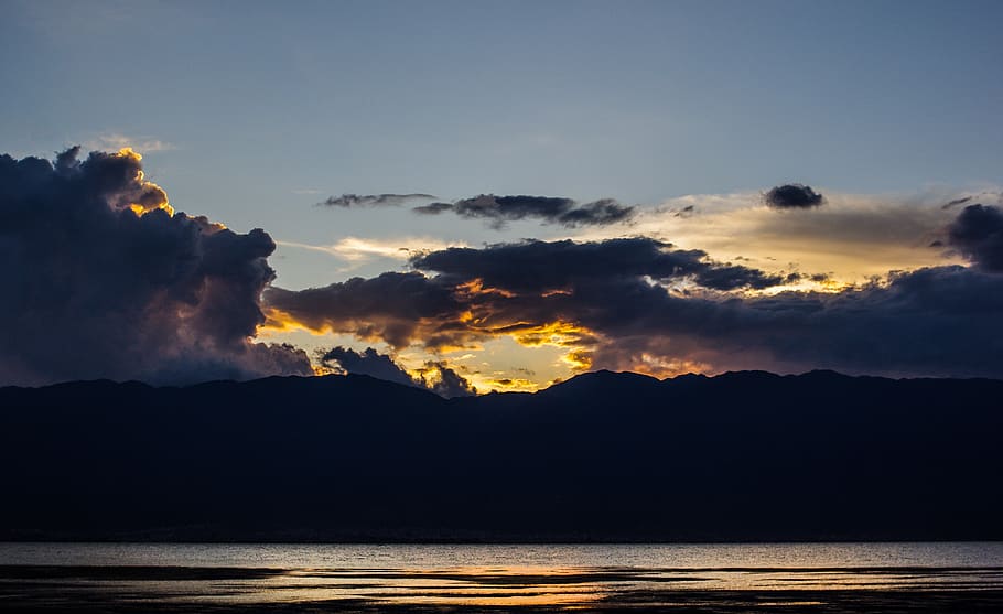 landscape, montain, clouds, sunset, lake, golden, mountain HD wallpaper