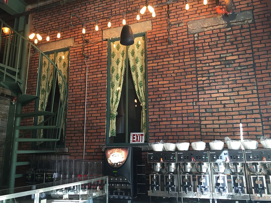 brown brick wall with exit signage, window curtain, illumination HD wallpaper