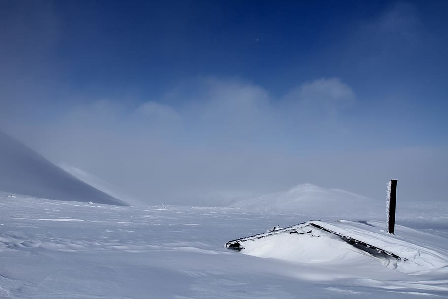 snow field under blue sky and white clouds, mountain, winter