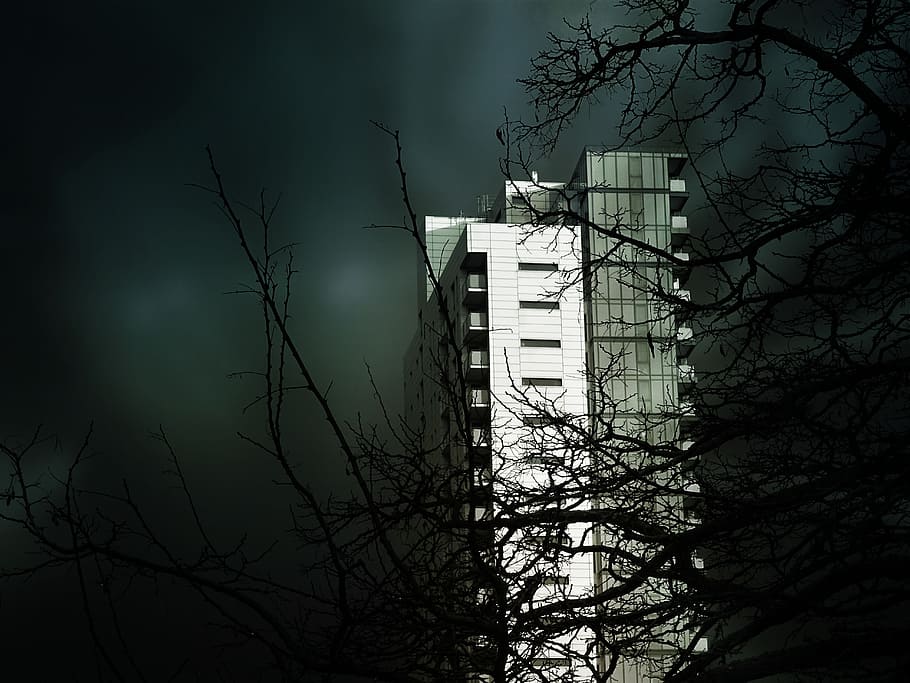 White Concrete Building, dark, evening, landscape, light, nature HD wallpaper