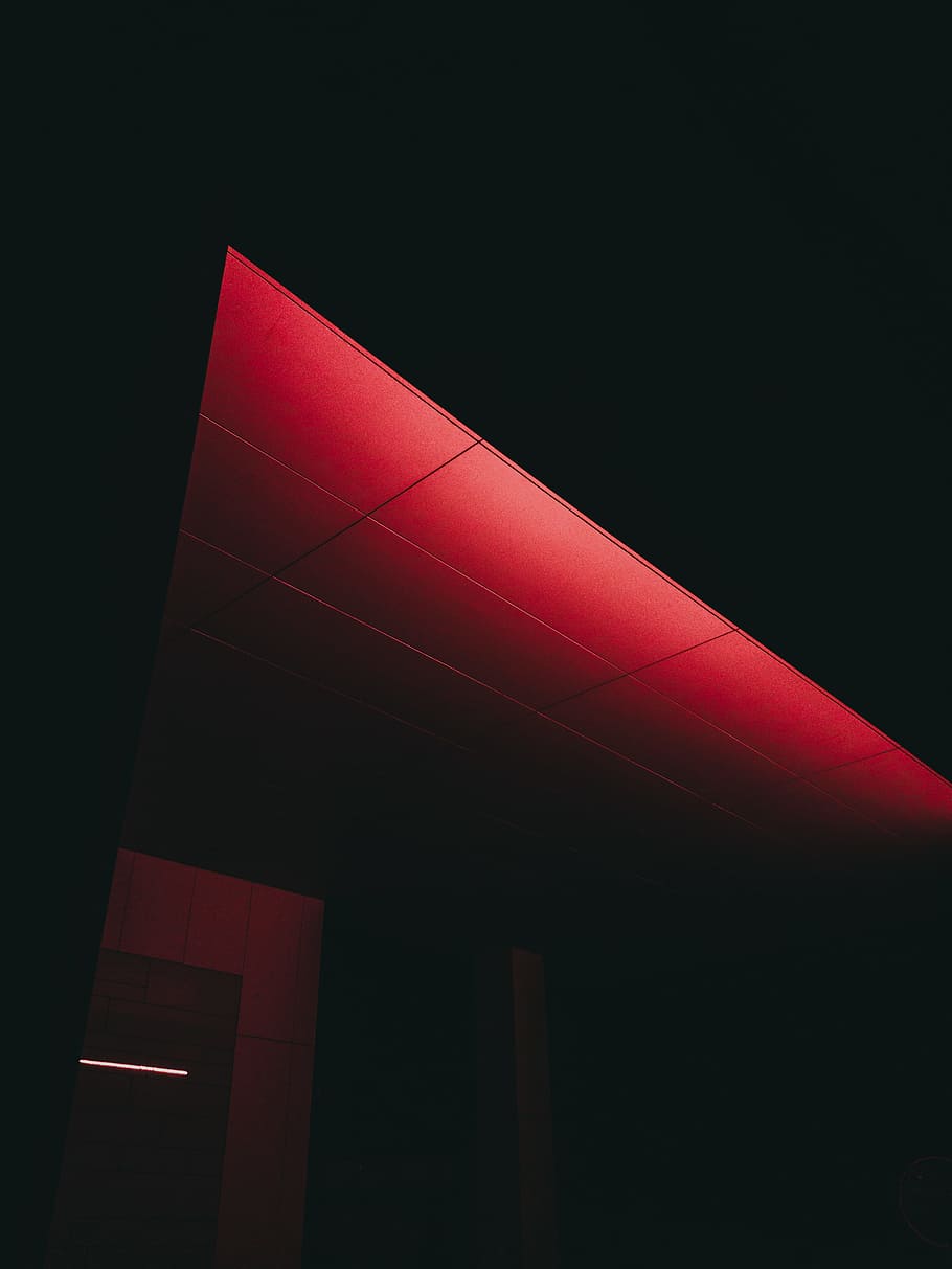 red lightened ceiling, building, abstract, dark, black, minimal, HD wallpaper