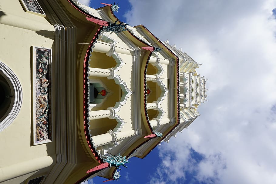 temple, tower, pray, white, cloud - sky, low angle view, day HD wallpaper