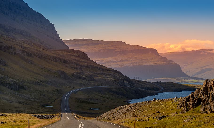 Empty Road Near Body of Water, clouds, colors, daylight, golden hour HD wallpaper