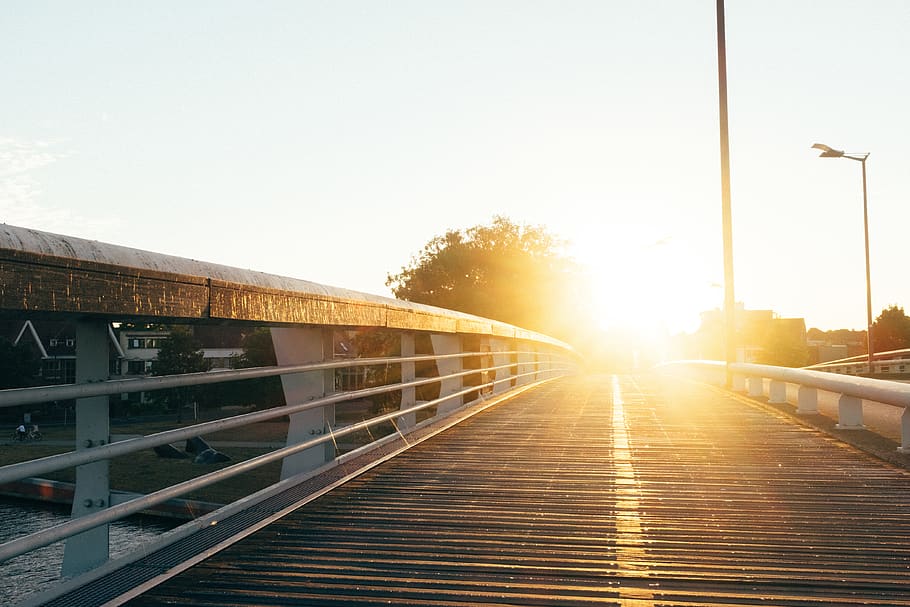 gray and white bridge, flare, building, belgium, kortrijk, light HD wallpaper