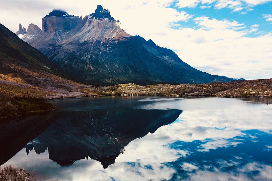 patagonia, mountains, clouds, sky, reflection, background, chile HD wallpaper