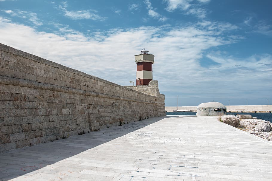 Brown and White Striped Lighthouse, architecture, building, clouds HD wallpaper